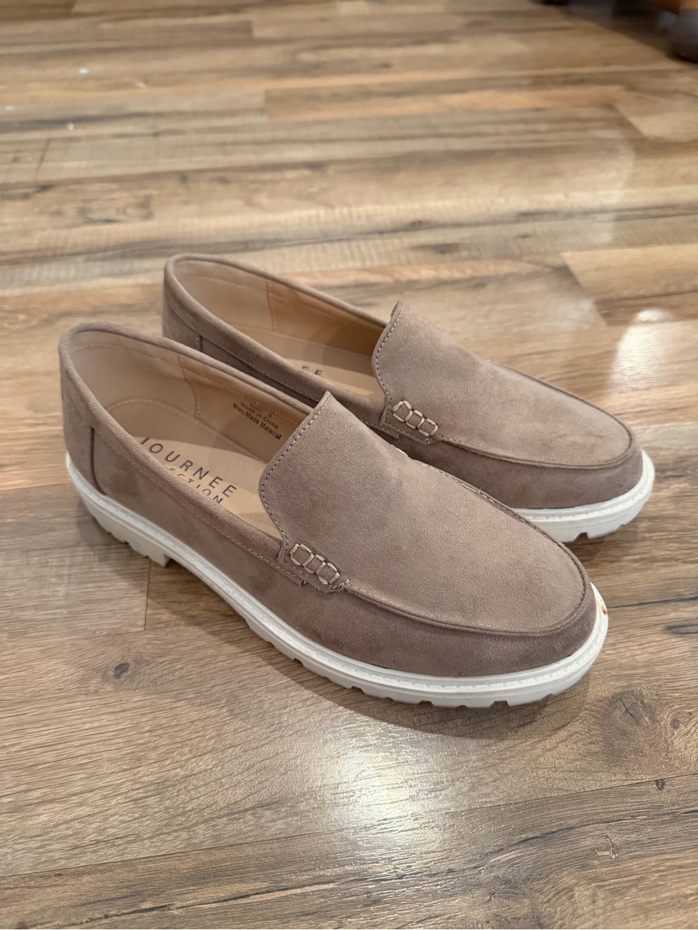 Journee Collection Women’s Taupe Suede Slip-On Loafers with White Lug Sole